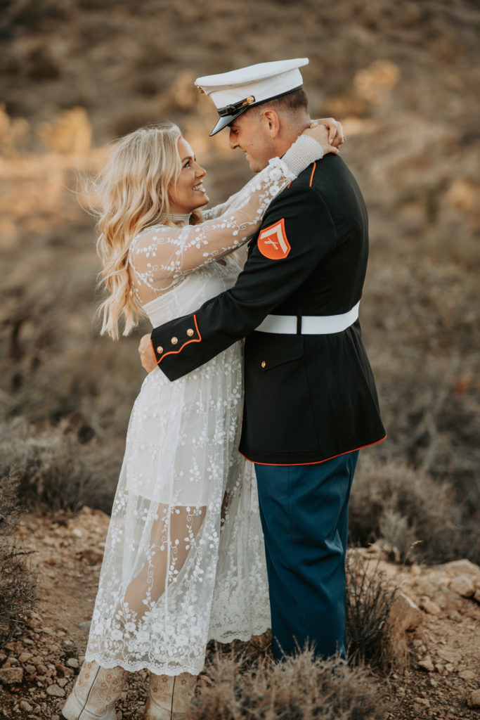 couple hugging at engagement session in Joshua Tree