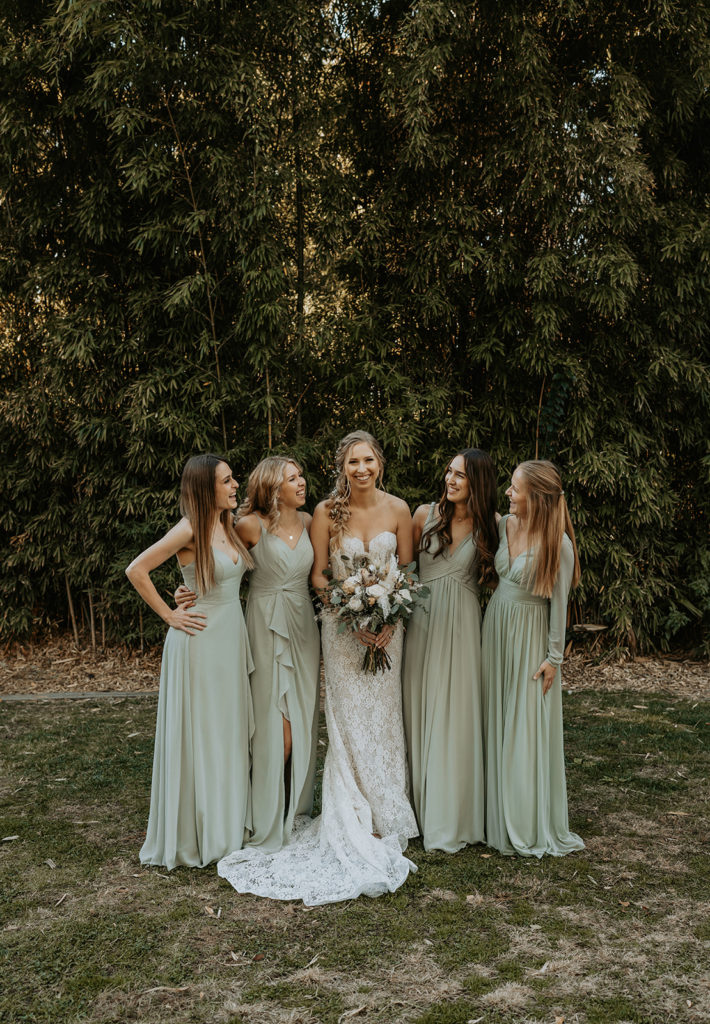 bridesmaids and bridal party photos with green long dresses