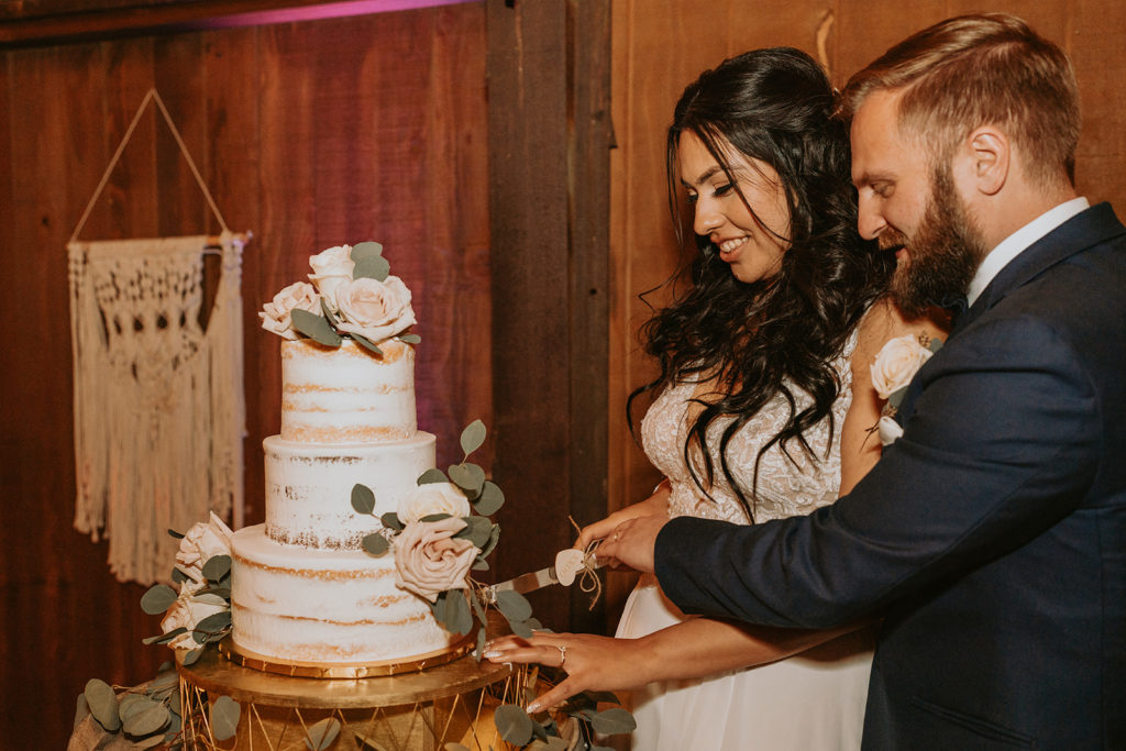 bride and groom during cake cutting