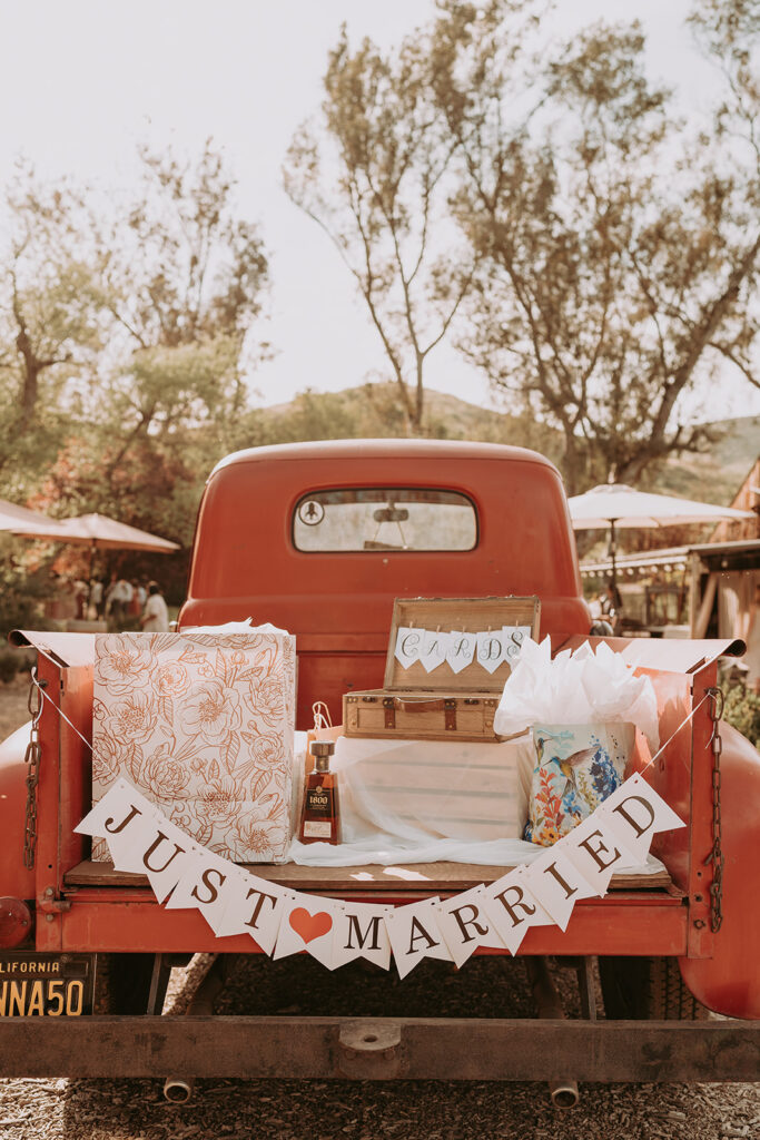 red vintage truck with decor