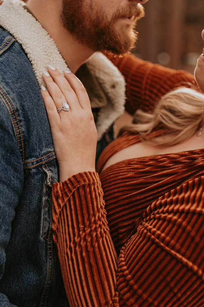 denim and copper engagement outfit