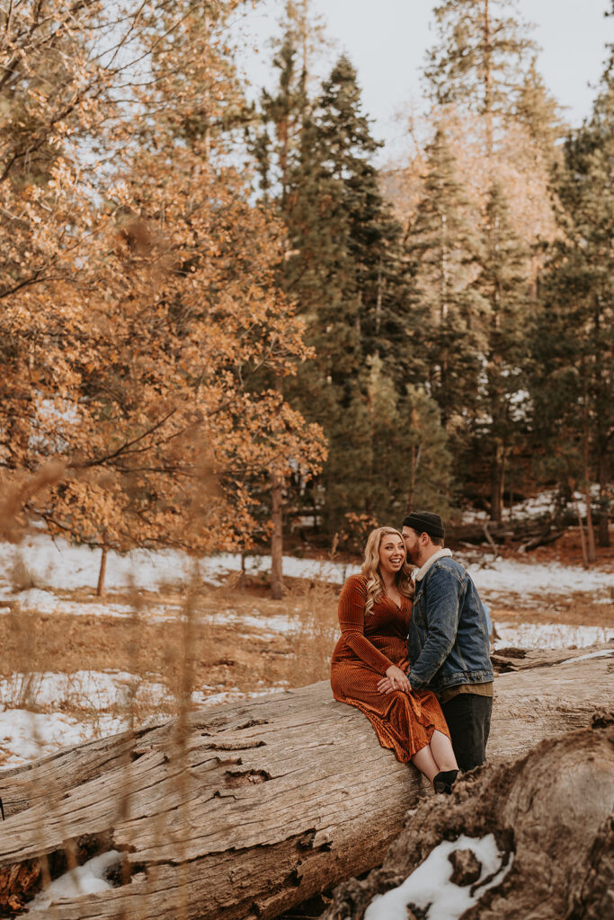 Couple sitting among trees for a mountain fall engagement session