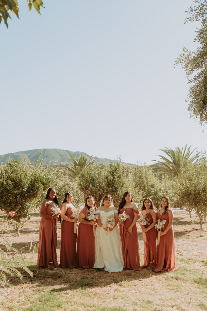 bride with her bridesmaids with bouquets