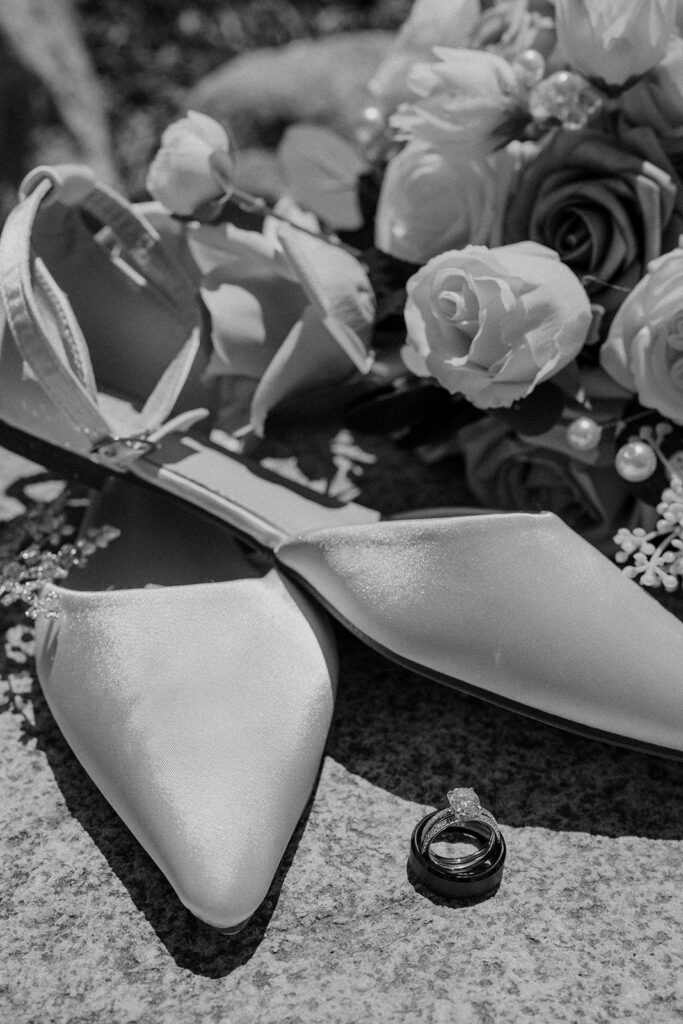 black and white photos of bridal shoes