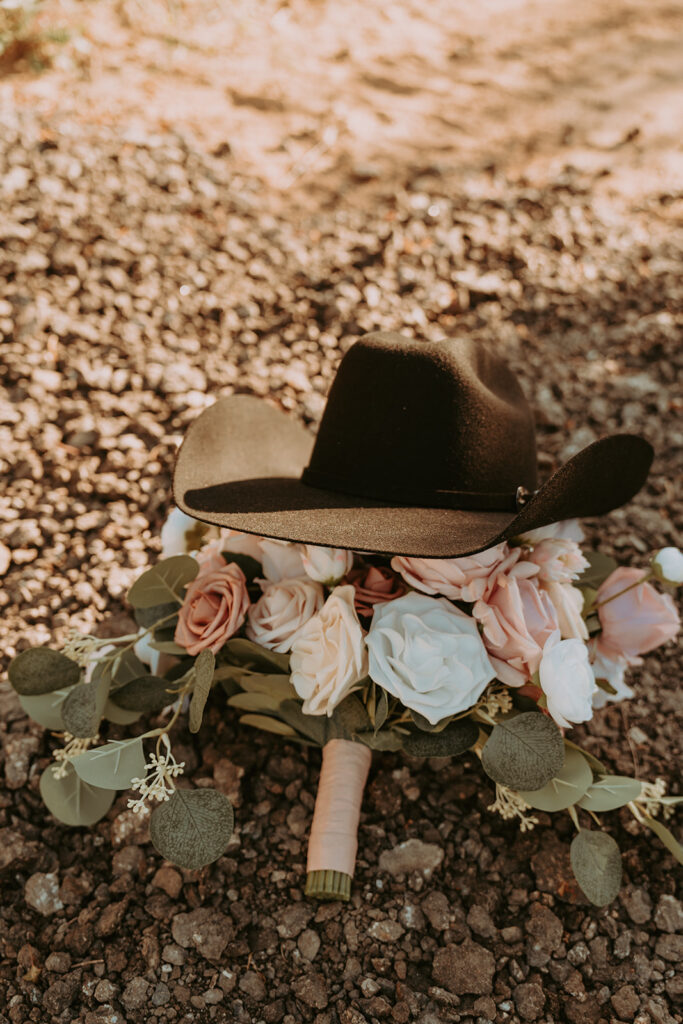 cowboy hat on a wedding bouquet