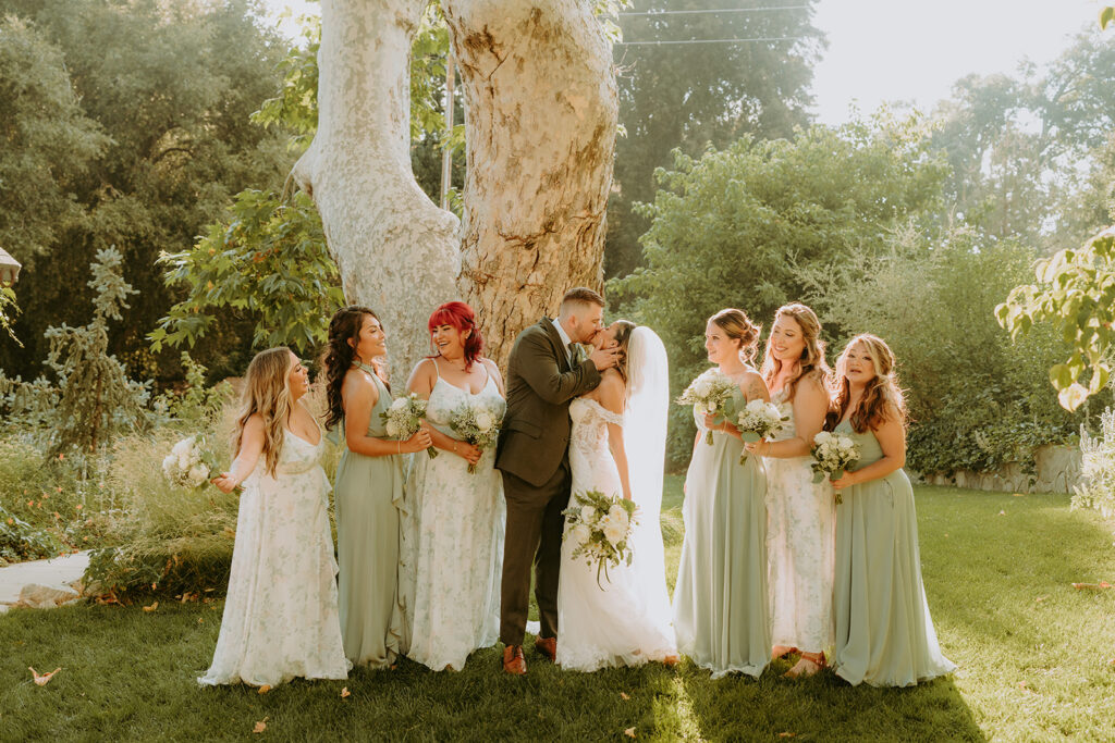 Bride and groom with their oak glen wedding party