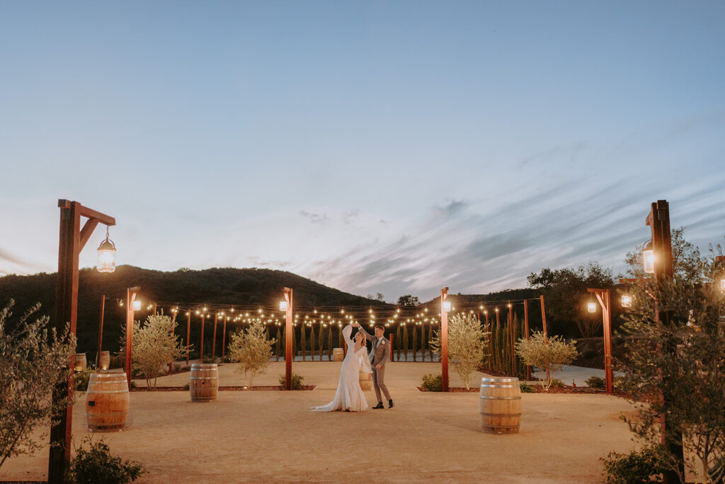 Golden hour light over the vineyard at Sacred Oak Vineyard, an outdoor rustic wedding venue in Cherry Valley