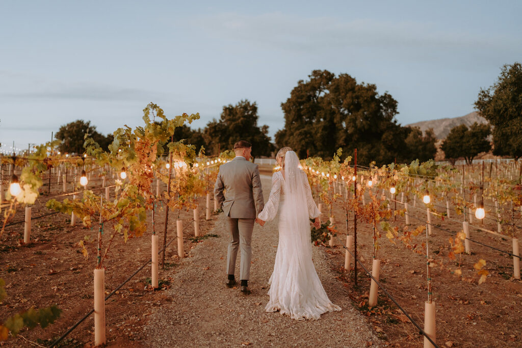 Bride and groom holding hands in the vineyard rows at Sacred Oak Vineyard styled shoot, showcasing natural, rustic wedding vibes