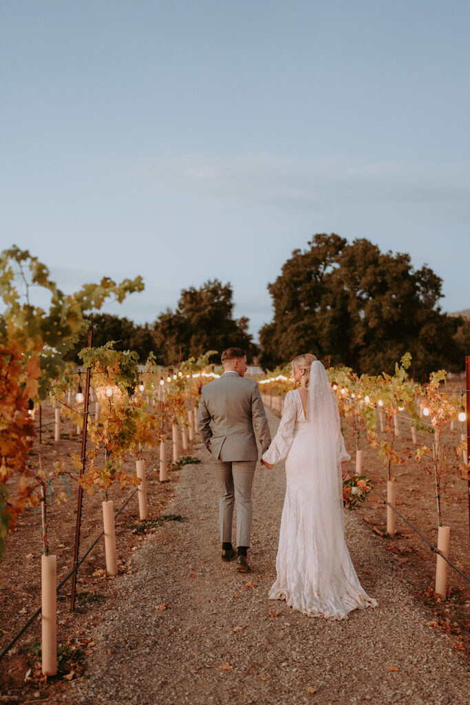 Bride and groom holding hands in the vineyard rows at Sacred Oak Vineyard styled shoot, showcasing natural, rustic wedding vibes